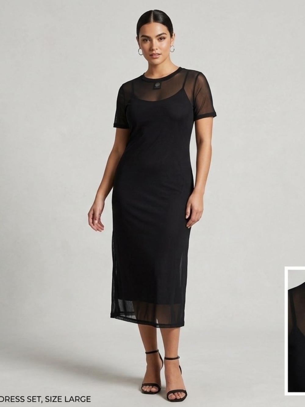 0059- BOBEAU Black Mesh-Overlay Midi Dress